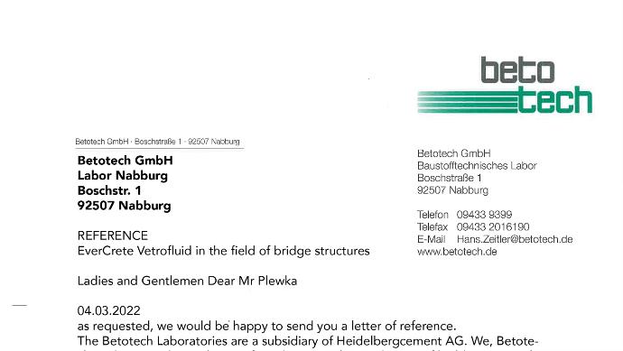 Betotech GmbH reference letter for Evercrete Vetrofluid